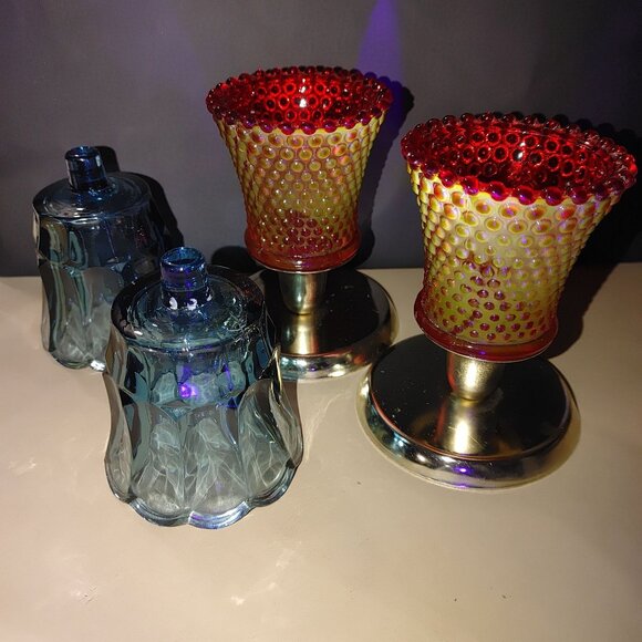 Candle Glass Red Hobnail Blue Tulip Scallop Peg Sconce Votive Holders Gold Base - Picture 8 of 11